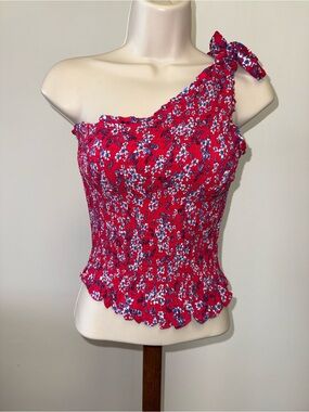 Japna (Small) Red Scrunched One Shoulder Floral Crop Top